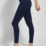 color=True Navy, side view, classic foundational legging with concealed comfort waistband for slimming and shaping