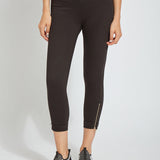 color=Black, front view, cropped denim jean leggings with zipper detail at hem and comfort waistband