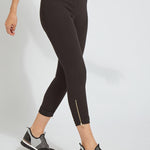 color=Black, side view, cropped denim jean leggings with zipper detail at hem and comfort waistband