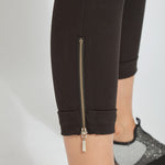 color=Black, hem detail, cropped denim jean leggings with zipper detail at hem and comfort waistband