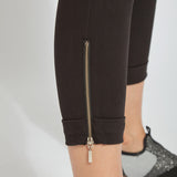 color=Black, hem detail, cropped denim jean leggings with zipper detail at hem and comfort waistband