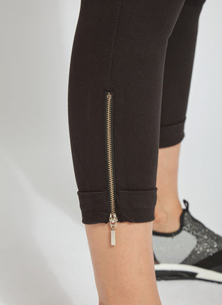 color=Black, hem detail, cropped denim jean leggings with zipper detail at hem and comfort waistband