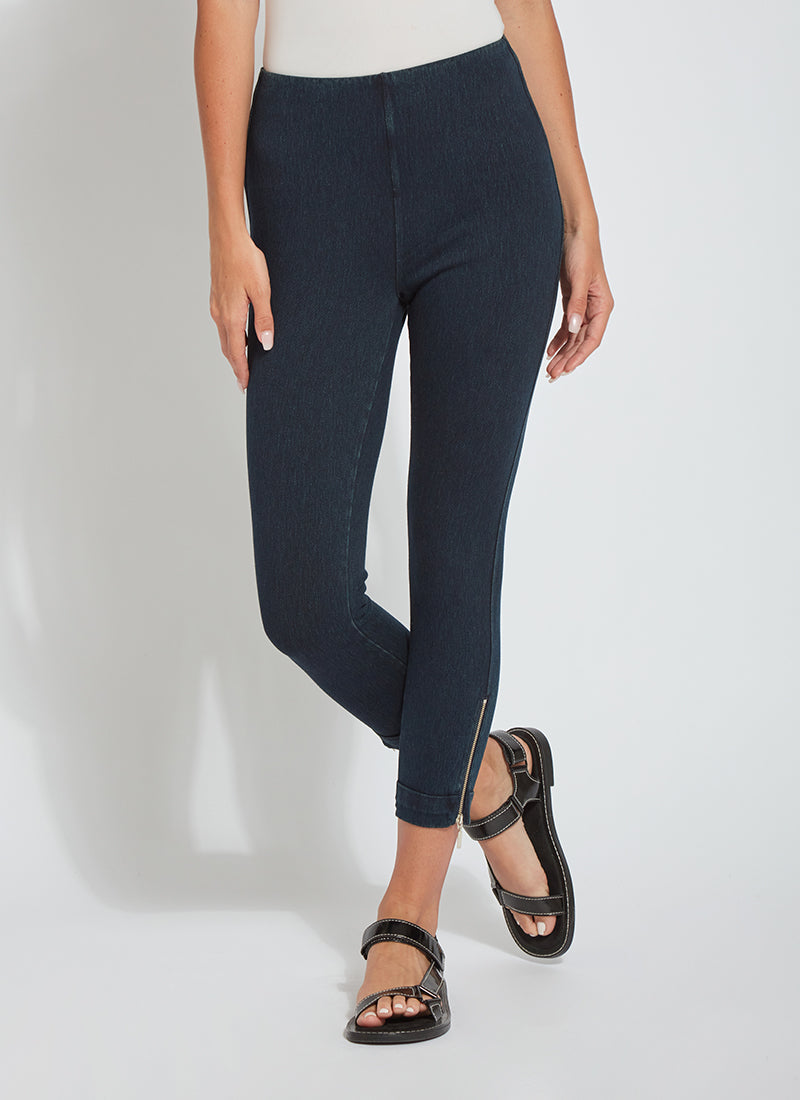 color=Indigo, front view, cropped denim jean leggings with zipper detail at hem and comfort waistband