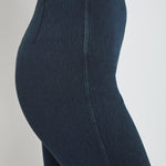 color=Indigo, side waist detail, cropped denim jean leggings with zipper detail at hem and comfort waistband