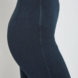 color=Indigo, side waist detail, cropped denim jean leggings with zipper detail at hem and comfort waistband
