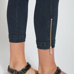 color=Indigo, hem detail, cropped denim jean leggings with zipper detail at hem and comfort waistband