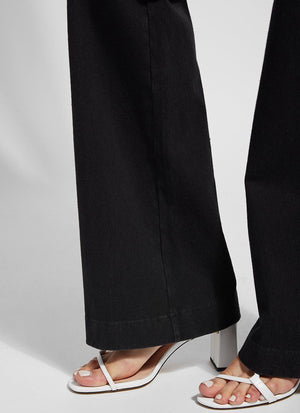 color=Black, hem detail, women's denim pant made from versatile stretch denim, has a concealed slimming waistband