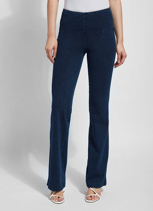 color=Indigo, front view, women's denim pant made from versatile stretch denim, has a concealed slimming waistband