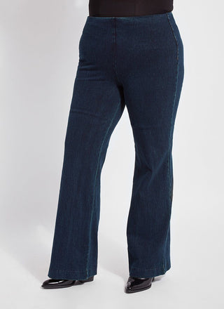 color=Indigo, front, women's denim pant made from versatile stretch denim, has a concealed slimming waistband