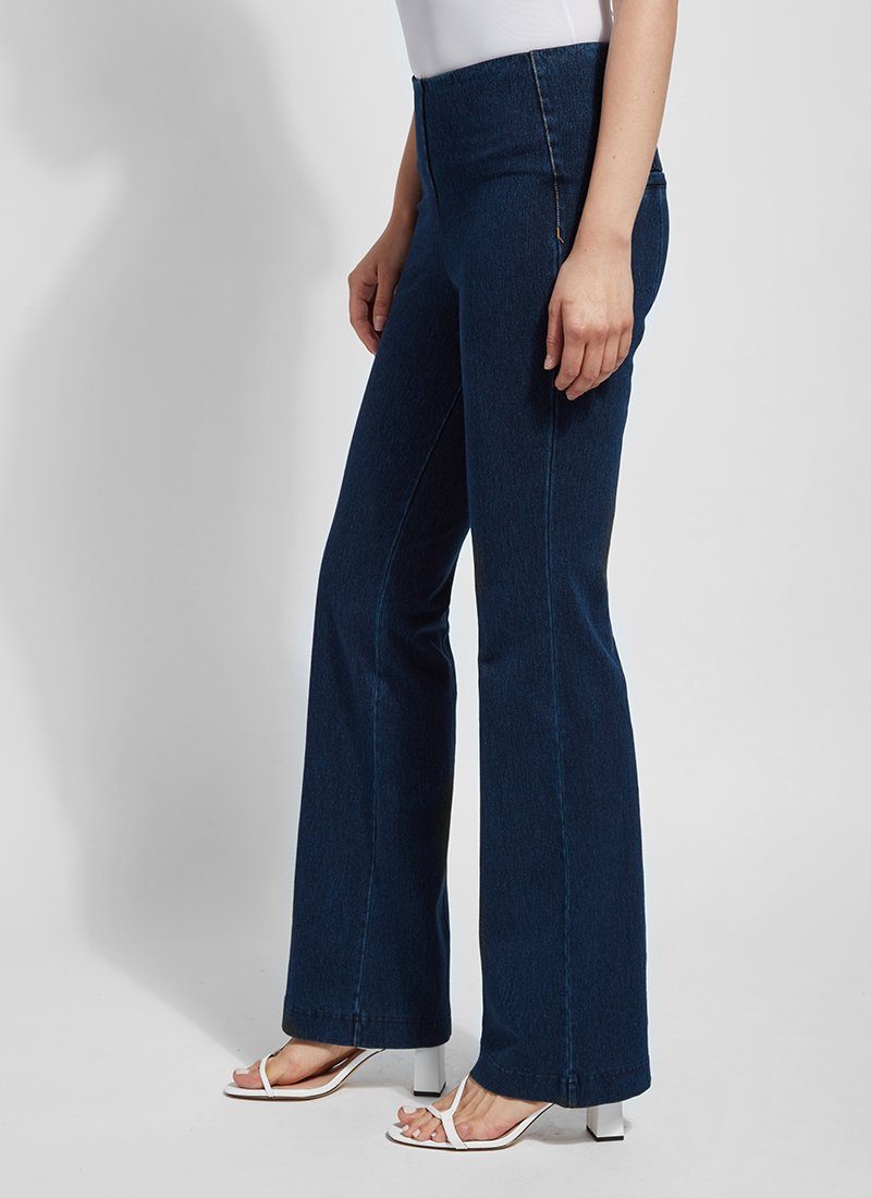 color=Indigo, side view, women's denim pant made from versatile stretch denim, has a concealed slimming waistband