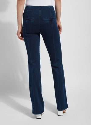 color=Indigo, back view, women's denim pant made from versatile stretch denim, has a concealed slimming waistband