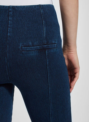 color=Indigo, back detail, women's denim pant made from versatile stretch denim, has a concealed slimming waistband