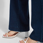 color=Indigo, hem detail, women's denim pant made from versatile stretch denim, has a concealed slimming waistband