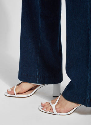 color=Indigo, hem detail, women's denim pant made from versatile stretch denim, has a concealed slimming waistband