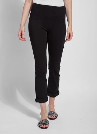 color=Black, front view, plus size boyfriend cut denim leggings with comfort waistband to smooth and slim 