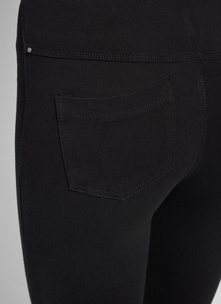 color=Black, back detail, plus size boyfriend cut denim leggings with comfort waistband to smooth and slim 