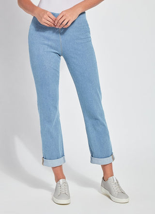 color=Bleached Blue, front view of 4-way stretch, relaxed boyfriend denim jean legging, seen from waist down