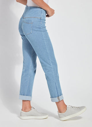 color=Bleached Blue, side view, plus size boyfriend cut denim leggings with comfort waistband to smooth and slim 
