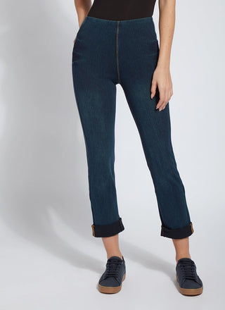 color=Indigo, front view, plus size boyfriend cut denim leggings with comfort waistband to smooth and slim 