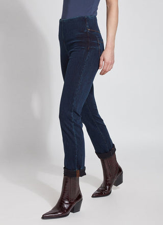 color=Indigo, side, plus size boyfriend cut denim leggings with comfort waistband to smooth and slim 