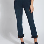 color=Indigo, Front view of 4-way stretch, relaxed boyfriend denim jean legging in indigo color, seen from waist down