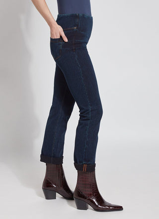 color=Indigo, side, plus size boyfriend cut denim leggings with comfort waistband to smooth and slim 