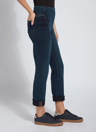 color=Indigo, side view, 4-way stretch, relaxed boyfriend denim jean legging with comfort waistband
