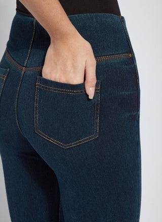color=Indigo, back waist detail, 4-way stretch, relaxed boyfriend denim jean legging with comfort waistband