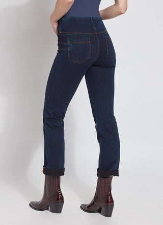 color=Indigo, back view, plus size boyfriend cut denim leggings with comfort waistband to smooth and slim 