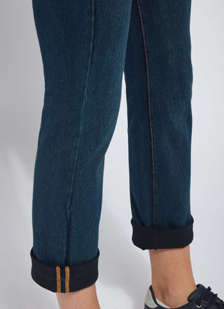 color=Indigo, hem detail, 4-way stretch, relaxed boyfriend denim jean legging with comfort waistband