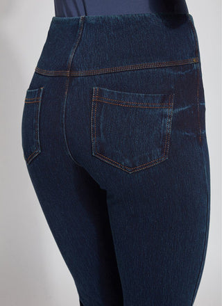 color=Indigo, back detail, plus size boyfriend cut denim leggings with comfort waistband to smooth and slim 