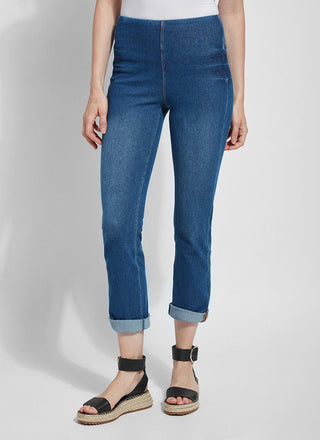 color=Mid Wash, front view, plus size boyfriend cut denim leggings with comfort waistband to smooth and slim 