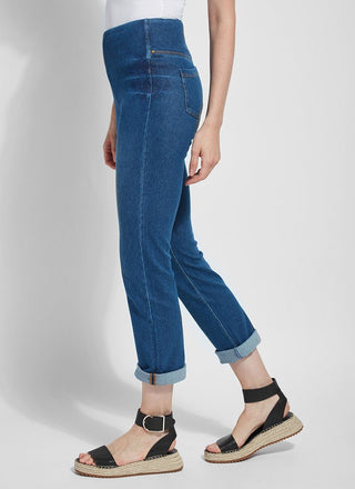 color=Mid Wash, side view, plus size boyfriend cut denim leggings with comfort waistband to smooth and slim 