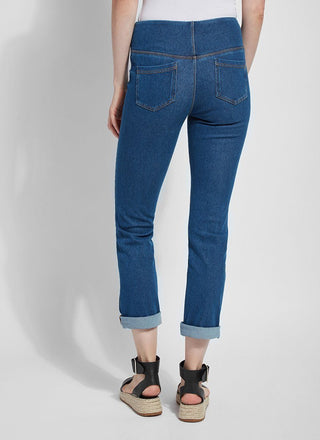 color=Mid Wash, back view, plus size boyfriend cut denim leggings with comfort waistband to smooth and slim 