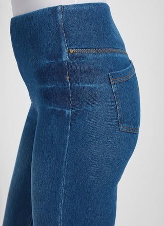 color=Mid Wash, waist detail, plus size boyfriend cut denim leggings with comfort waistband to smooth and slim 
