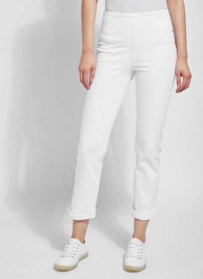 color=White, Front view of white , 4-way stretch, relaxed boyfriend denim jean legging, seen from waist down