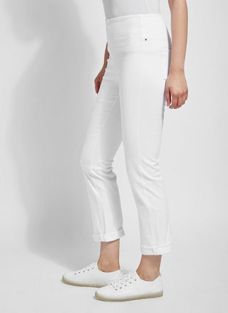 color=White, Side view of white, 4-way stretch, relaxed boyfriend denim jean legging, seen from waist down