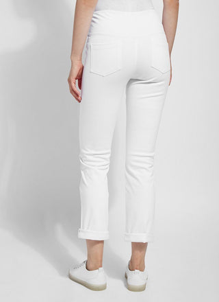 color=White, back view, plus size boyfriend cut denim leggings with comfort waistband to smooth and slim 