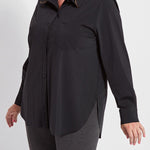 color=Black, angled front view, best selling women's button up shirt in soft resilient microfiber, plus size, with gray leggings