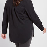 color=Black, angled back view, best selling women's button up shirt in soft resilient microfiber, gray leggings