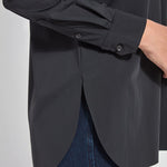 color=Black, hem and sleeve detail, best selling women's button up shirt in soft resilient microfiber, indigo denim leggings 