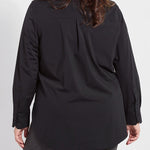 color=Black, back, best selling women's button up shirt in soft resilient microfiber, with gray leggings