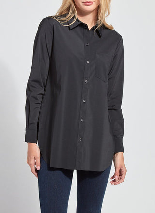 color=Black, front view of best selling women's button up shirt in soft resilient microfiber