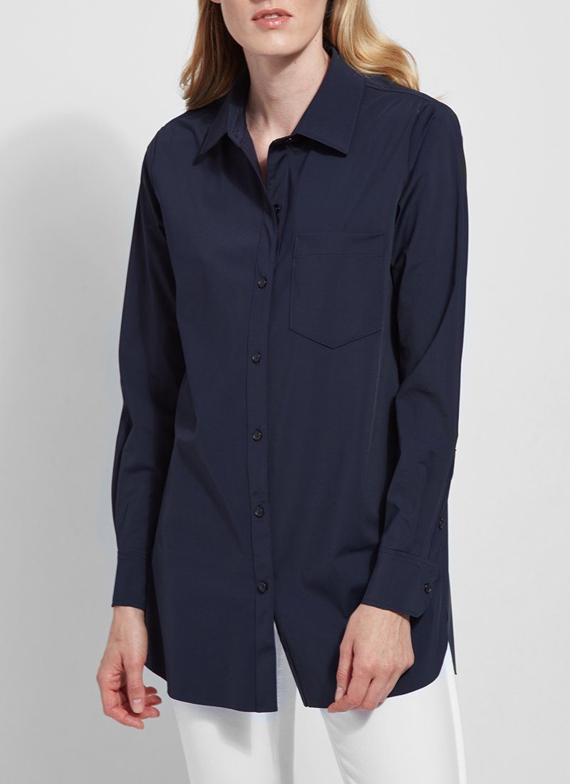 color=True Navy, front, best selling women's button up shirt in soft resilient microfiber, white denim jean leggings