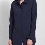 color=True Navy, front, best selling women's button up shirt in soft resilient microfiber, white denim jean leggings