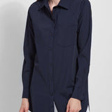 color=True Navy, front, best selling women's button up shirt in soft resilient microfiber, white denim jean leggings