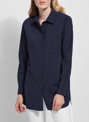 color=True Navy, front, best selling women's button up shirt in soft resilient microfiber, white denim jean leggings