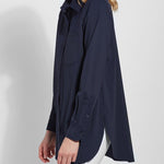 color=True Navy, side, best selling women's button up shirt in soft resilient microfiber, white denim leggings