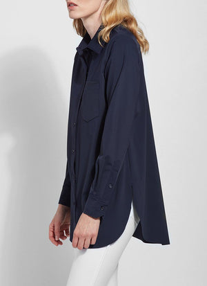 color=True Navy, side, best selling women's button up shirt in soft resilient microfiber, white denim leggings