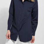 color=True Navy, front, best selling women's button up shirt in soft resilient microfiber, white denim jean leggings